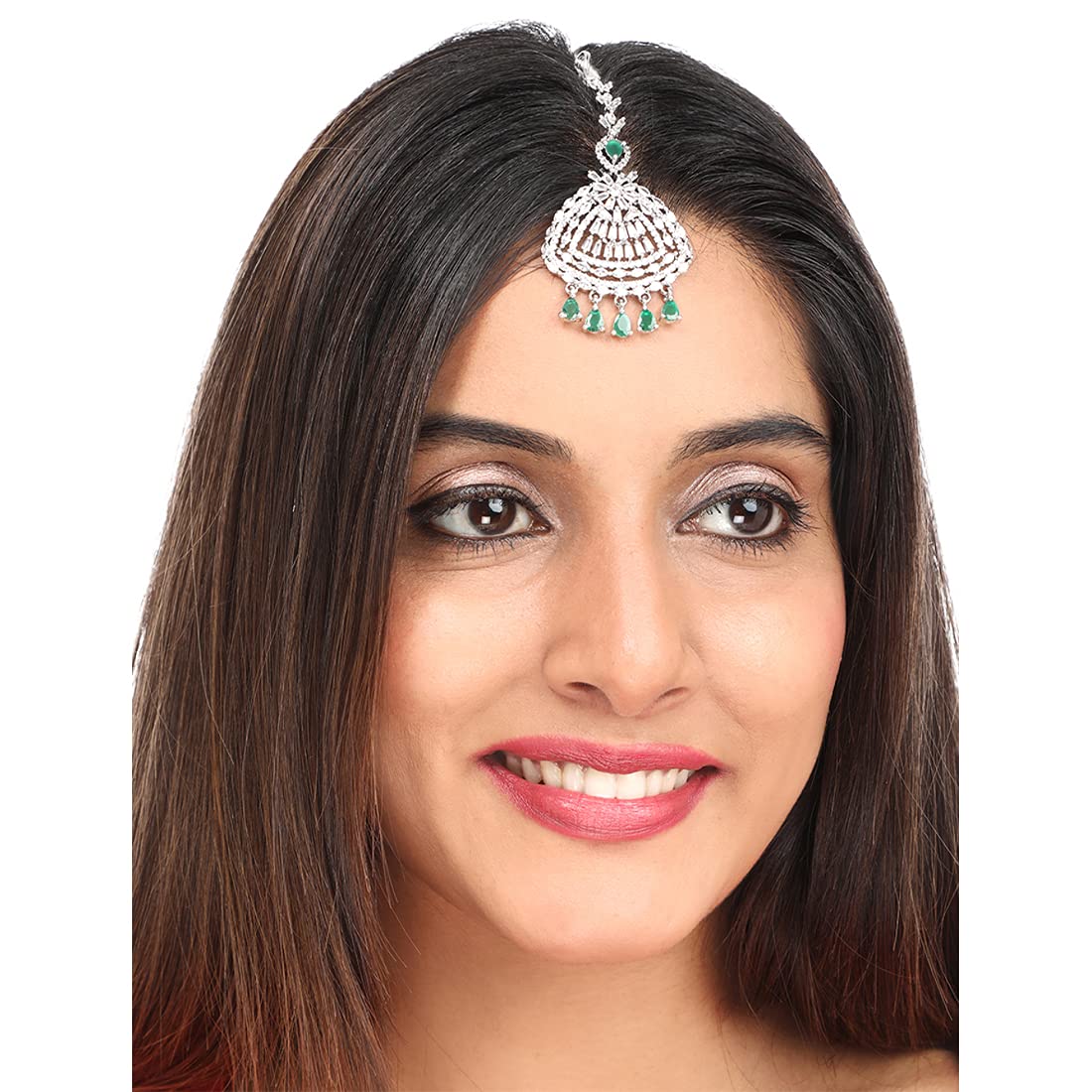 Yellow Chimes Maang Tikka for Women American Diamond Maang Tikka Rhodium Plated High Grade White AD Jewellery Maang Tikka for Women and Girls.