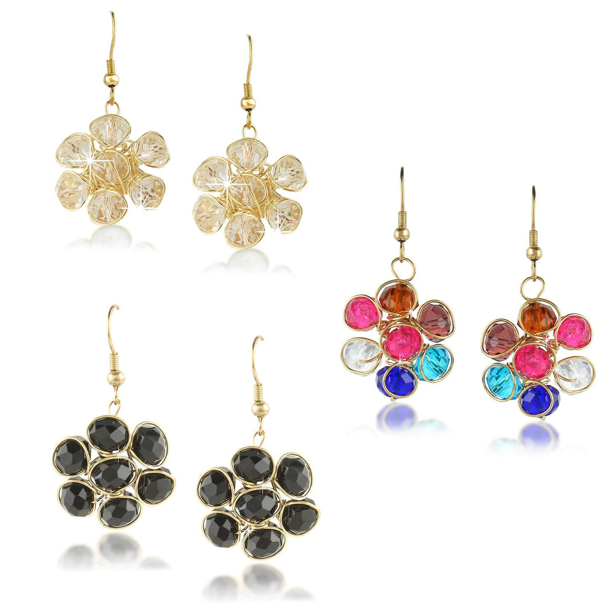 Yellow Chimes Crystal Beads Combo of 3 Gold Plated Stylish Multicolour Base Metal Drop Earrings Set for Women