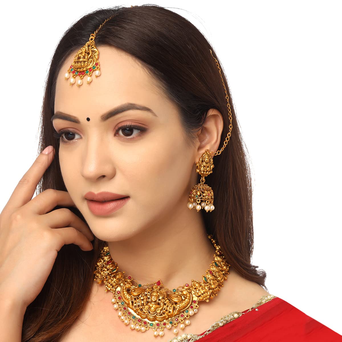 Yellow Chimes Jewellery Set for Women Gold Plated Traditional Temple Jewellery Set Antique Necklace Set with Earrings and Maangtikka for Women and Girls