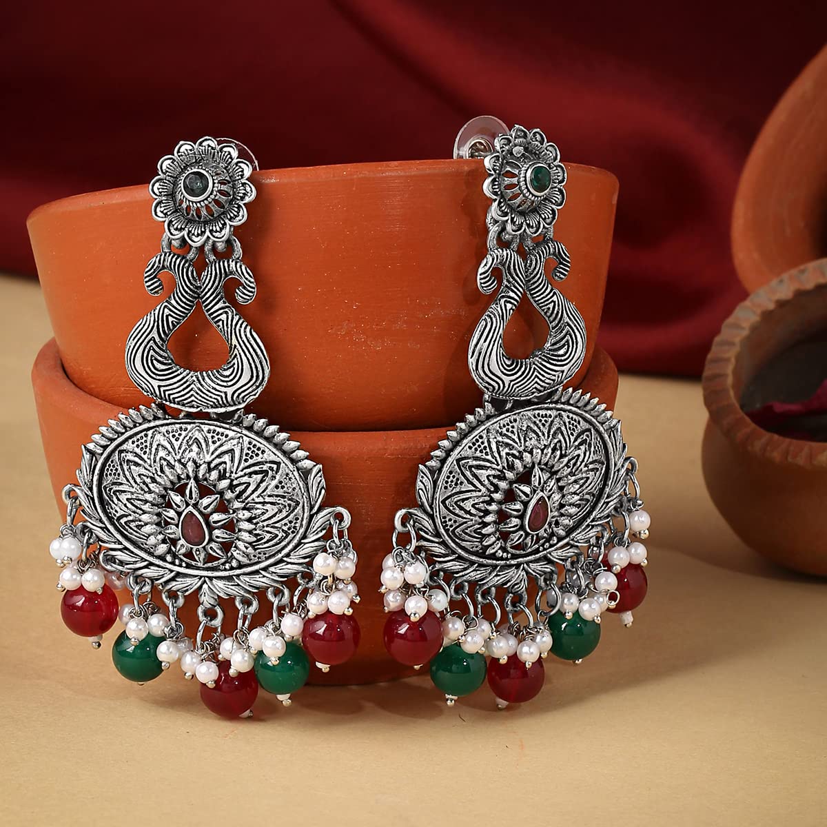 Yellow Chimes Earrings for Women Silver Oxidised Red Stone Studded Multicolor Beads Drop Designed Traditional Drop Earrings for Women and Girls