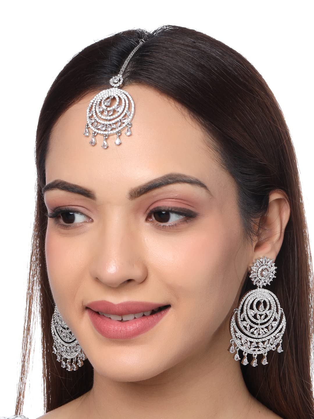 Yellow Chimes Earrings For Women silver toned AD/American Diamond Studded Earrings Set With Mangtikka For Women and Girls