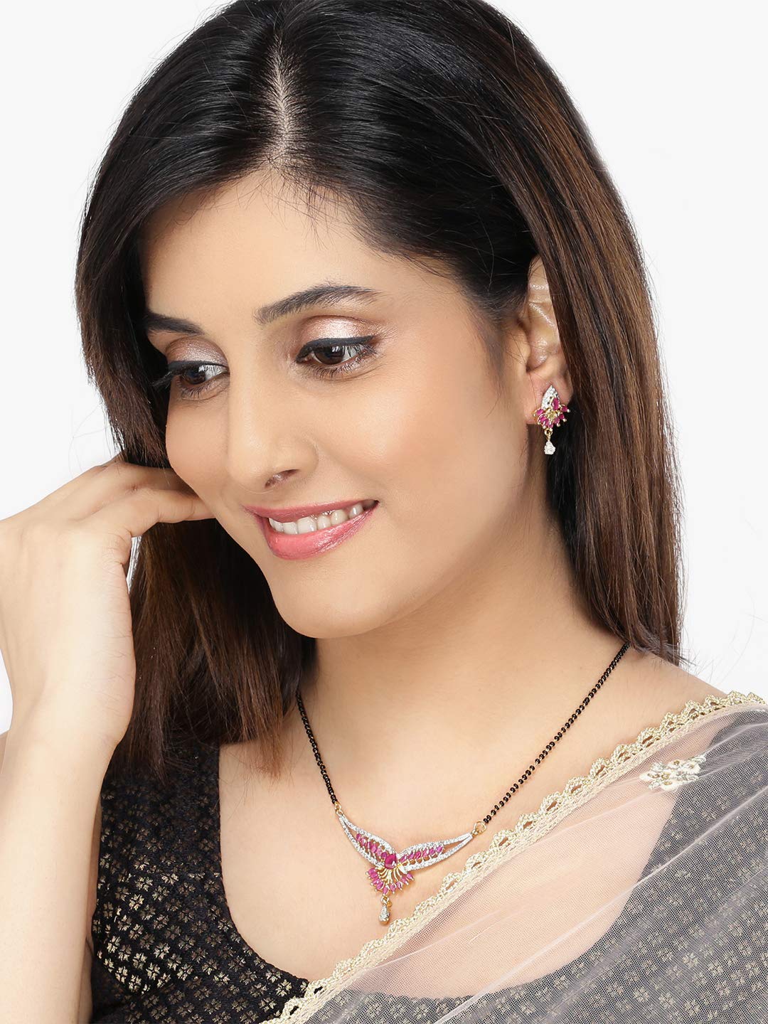 Yellow Chimes Classic Pink AD/American Diamond Studded Ethnic Black Beads Designer Mangalsutra Set with Earrings for Women