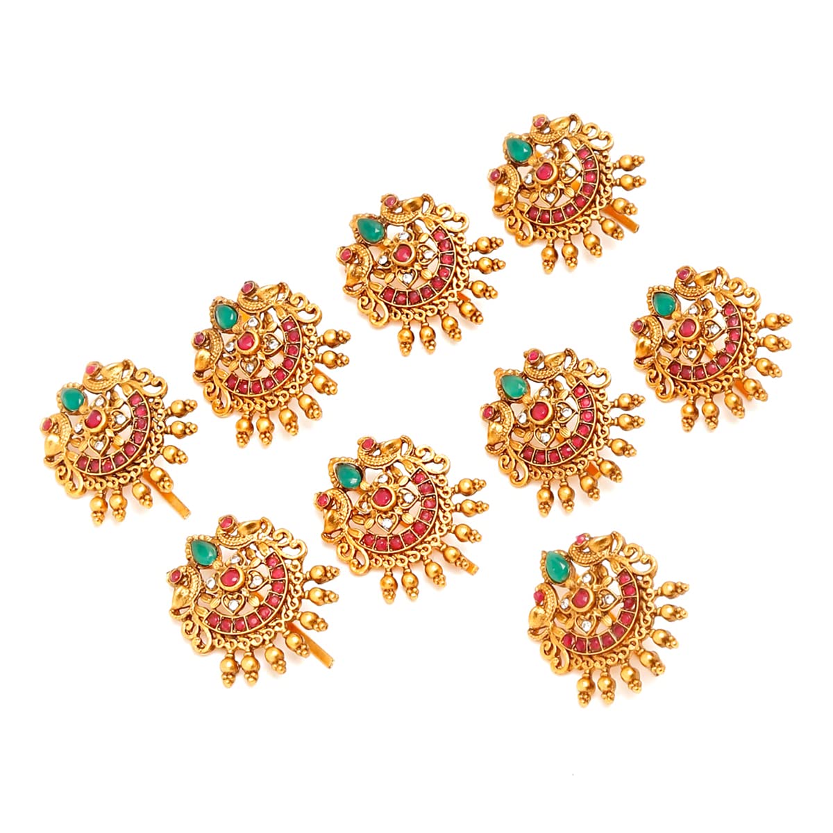 Yellow Chimes Jadai Billai for Women 9 Pcs Gold Plated Red Crystal Studded Beads Drop Choti Jadai Billai Hair Pin Bridal Hair Brooch Hair Jewellery for Women and Girls