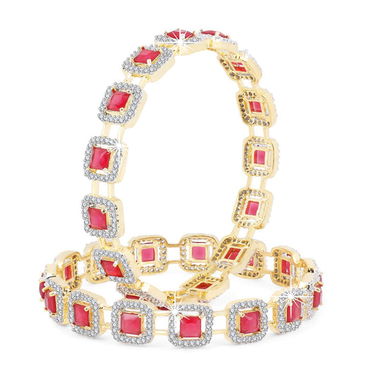 Yellow Chimes Elegant Set of 2 Pcs Pink AD/American Diamond Studded 18k Gold Plated Handcrafted Ruby Bangles for Women & Girls (2.4)
