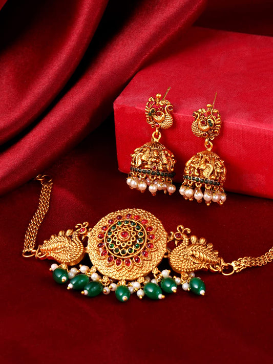 Yellow Chimes Jewellery Set for Women Gold Plated Green Beads Drop Peacock Designed Bridal Choker Necklace Set for Women and Girls