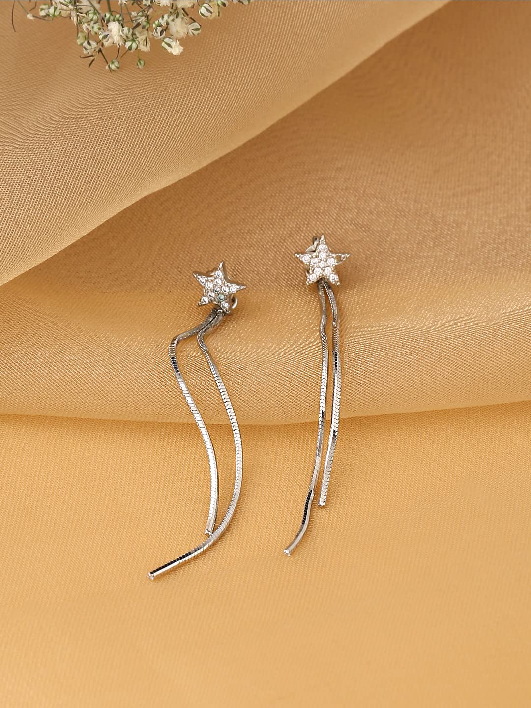 Yellow Chimes Earrings for Women and Girls Silver Crystal Dangler | Silver Toned Star Shaped Long Chain Danglers Earrings for Women | Birthday Gift for girls and women Anniversary Gift for Wife