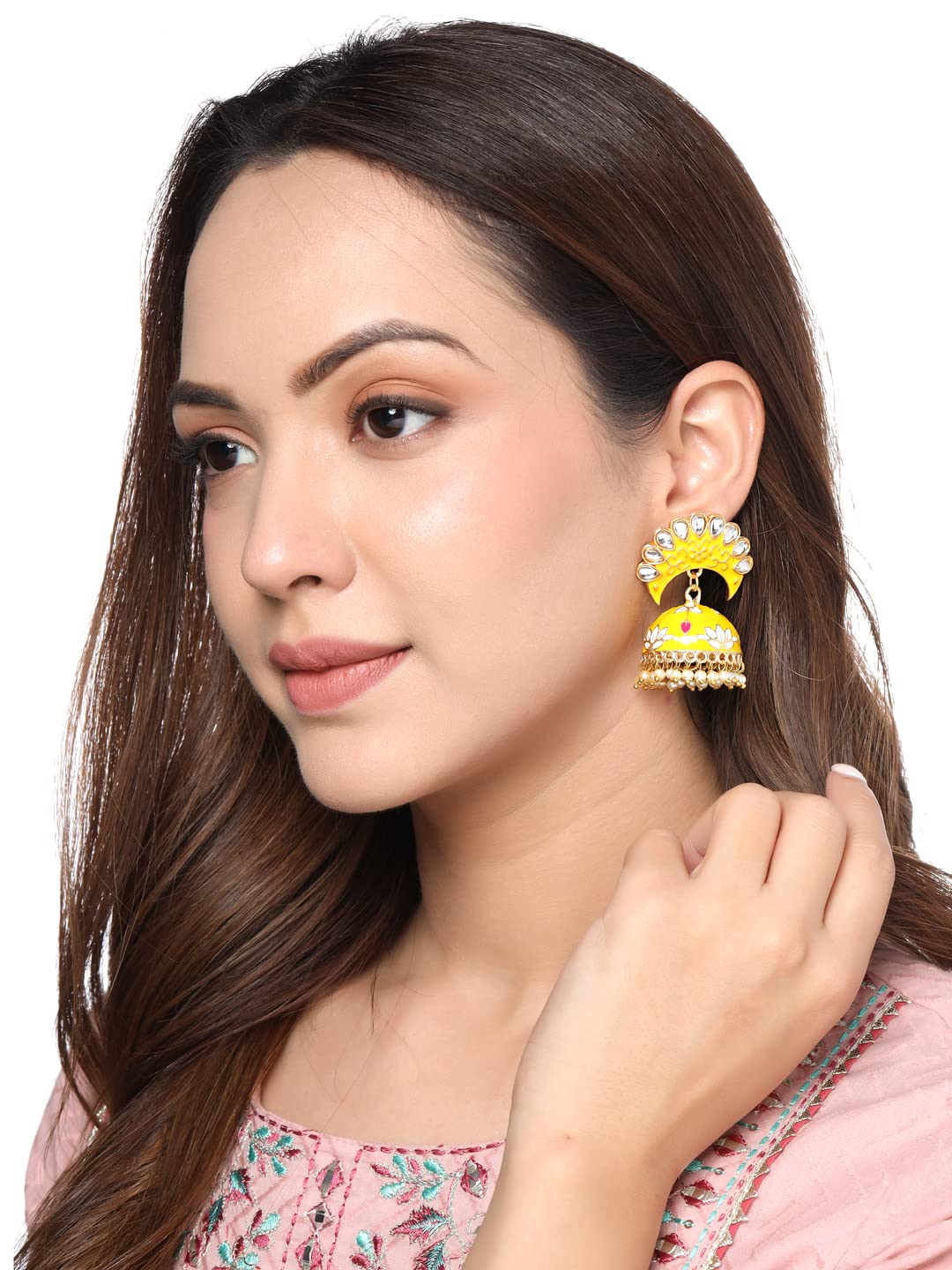 Yellow Chimes Earrings For Women Bright Yellow Color Pearl and Stone Studded Meenakari Jhumka Earrings For Women and Girls