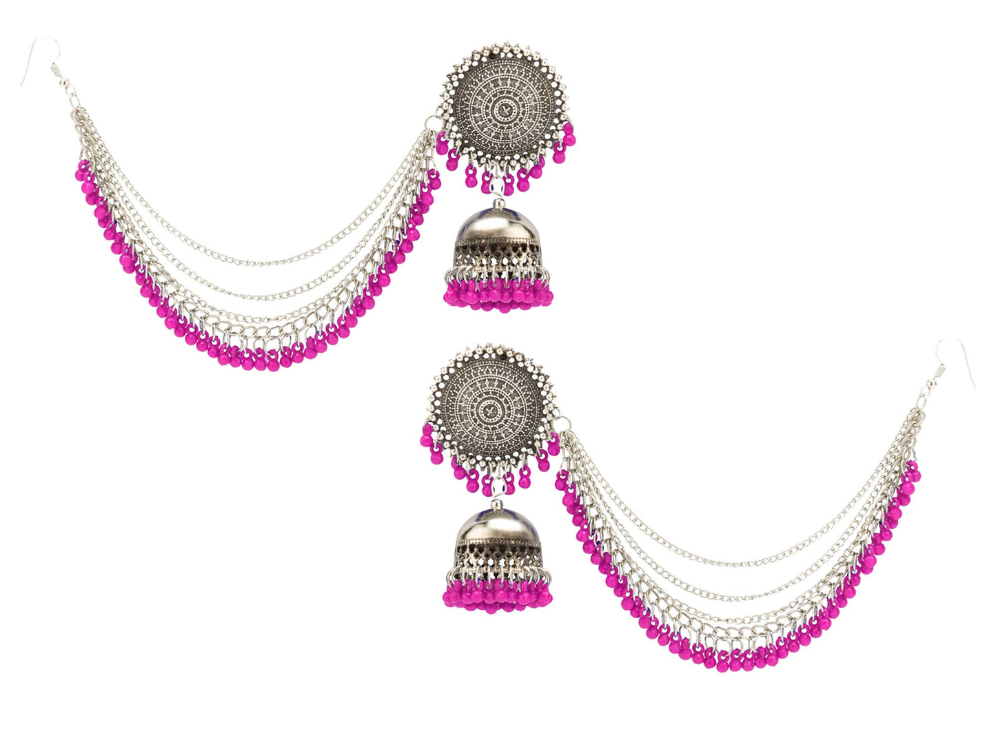 Yellow Chimes German Oxidised Silver Antique Traditional Maang Tikka with Earrings Jewellery Set for Women and Girls (Pink)