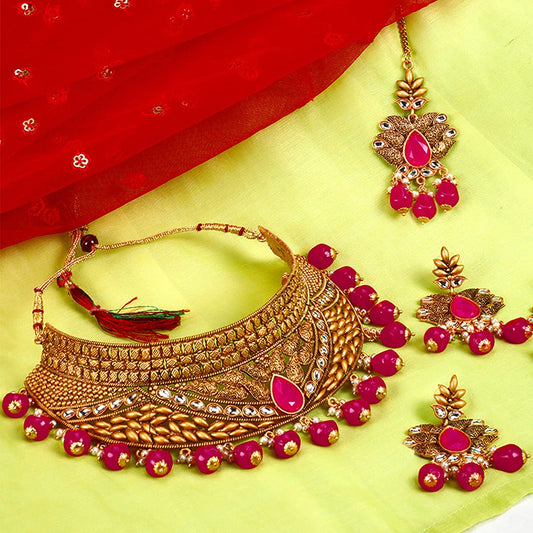 Yellow Chimes Gold Plated Traditional Kundan Studded Pink Pearl Choker Necklace Set with Chandbali Earrings and maang Tikka Bridal Jewellery Set, Gold, Pink, Medium (YCTJNS-09BDSCHK-PK)