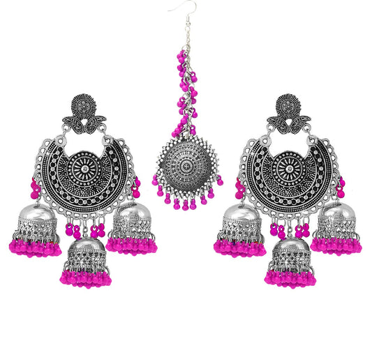 Yellow Chimes German Oxidised Silver Afghani Navratri Garba Style Traditional Maang Tikka with Jhumka Earrings Jewellery Set for Women and Girls (Pink)