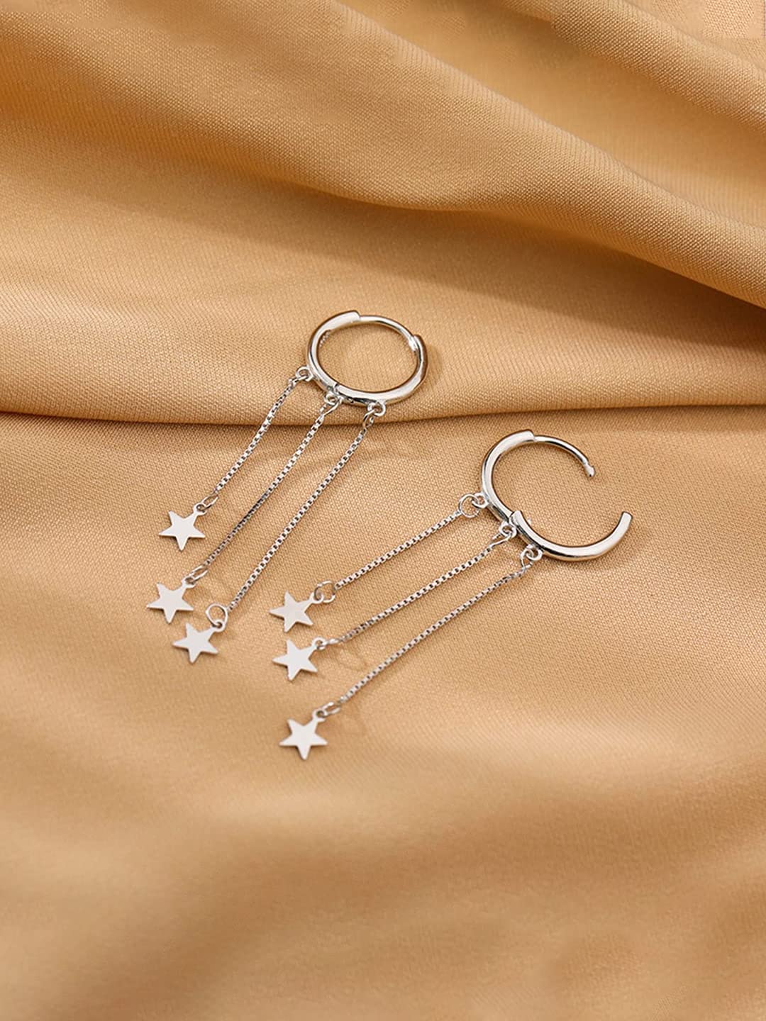 Yellow Chimes Earrings For Women Silver Toned Round Stud Triple Chain Stars Hanging Dangler Earrings For Women and Girls