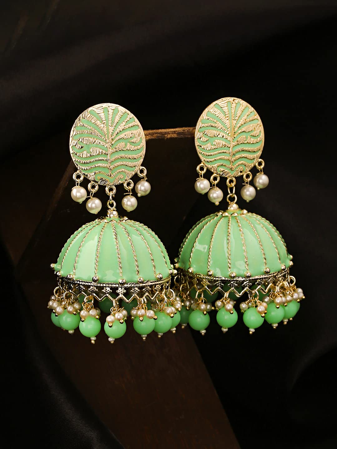 Yellow Chimes Earrings for Women Gold Toned Pearl Drop Green Meenakari Jhumka Earrings for Women and Girls