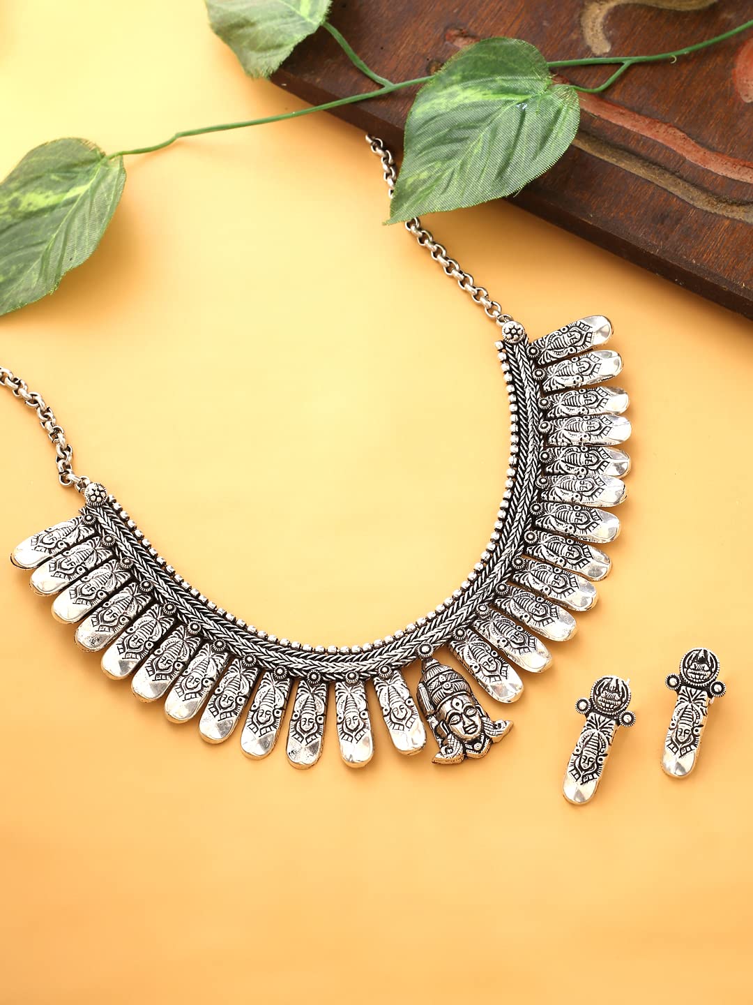 Yellow Chimes Oxidised Jewellery Set for Women Authentic Kolhapuri Work Handmade Silver Traditional Durga Ma Choker Necklace Sets for Women and Girls.