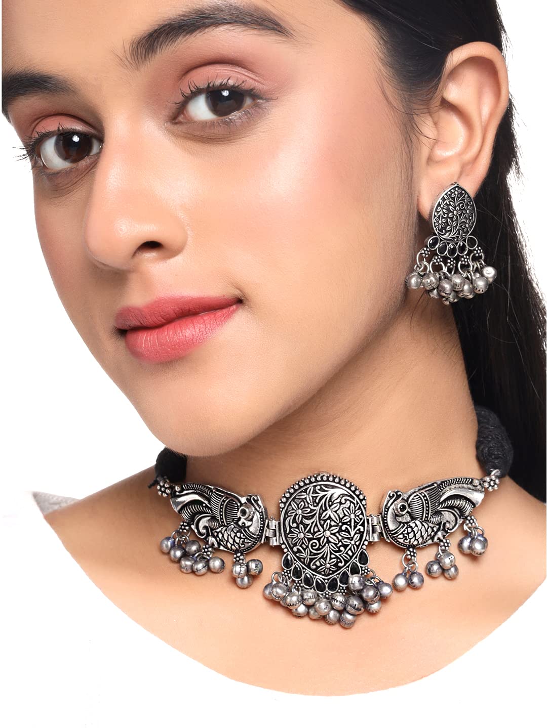 Yellow Chimes Silver Oxidised Necklace Set Peacock Design Ghungroo Choker Necklace Set for Women & Girls