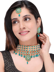 Yellow Chimes Gold Plated Traditional Emerald Green Stones pearl Choker necklace set with Drop earrings with maang tikka bridal jewellery set