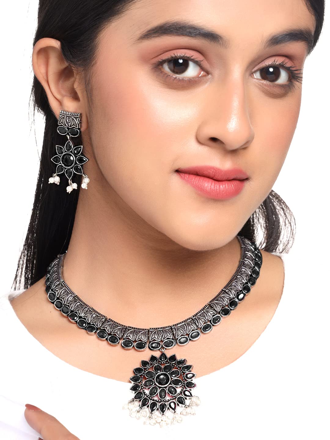 Yellow Chimes Oxidised Silver Jewellary Set for Women Ethnic Black Stone Studed Choker Necklace Set for Women And Girls