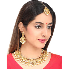 Yellow Chimes Ethnic Gold Plated Studded Kundan Beads Jewellery Set Traditional Choker Necklace Set with Earrings and maang Tikka for Women and Girls, Medium, YCTJNS-16DESGCK-GL