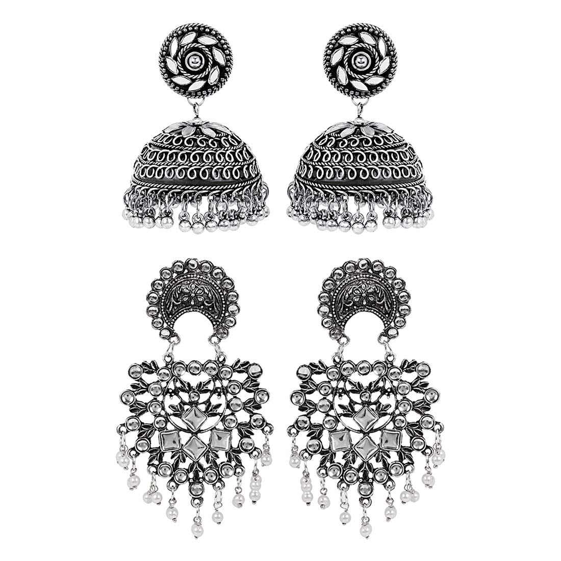 Yellow Chimes Combo of 2 Pairs Traditional Silver Oxidised Mirror Worked Ethnic Chandbali Jhumka Jhumki Earrings for Women and Girls