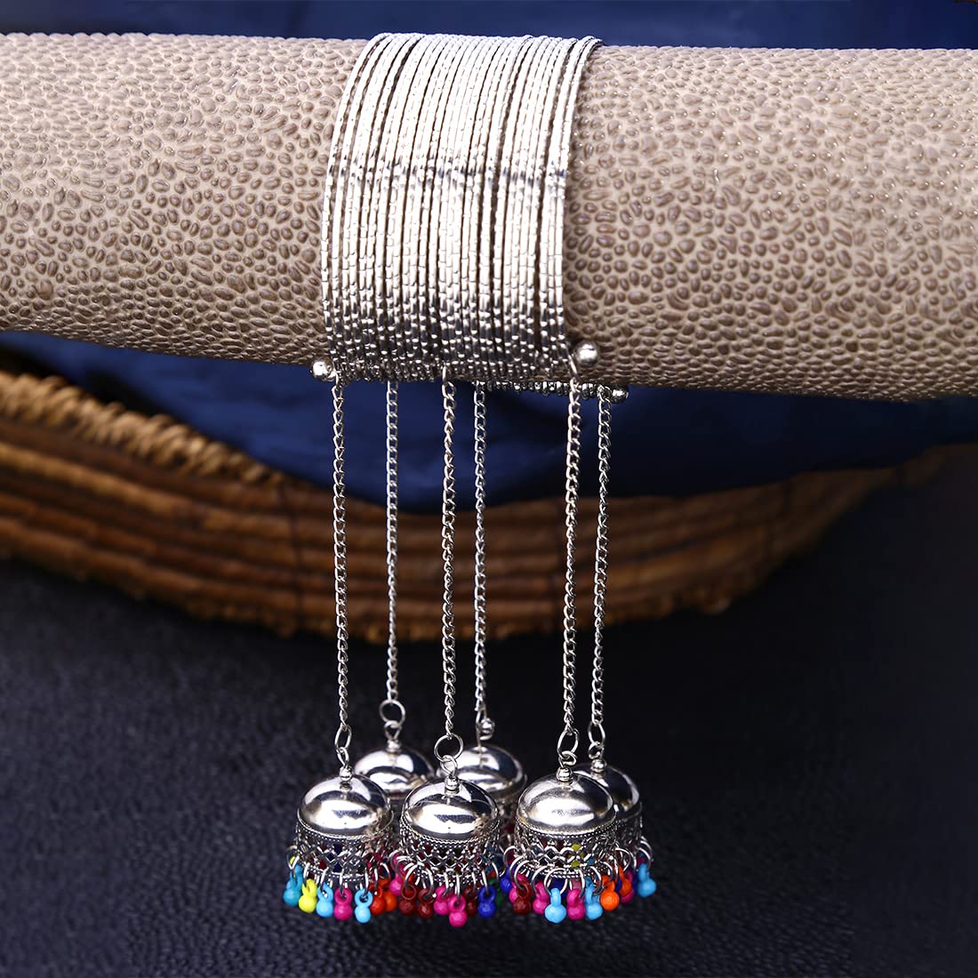 Yellow Chimes Traditional Oxidized Silver Brass Jhumki Latkan Tassels Charms Adjustable Bangle Kadaa Bracelet for Girls and Women