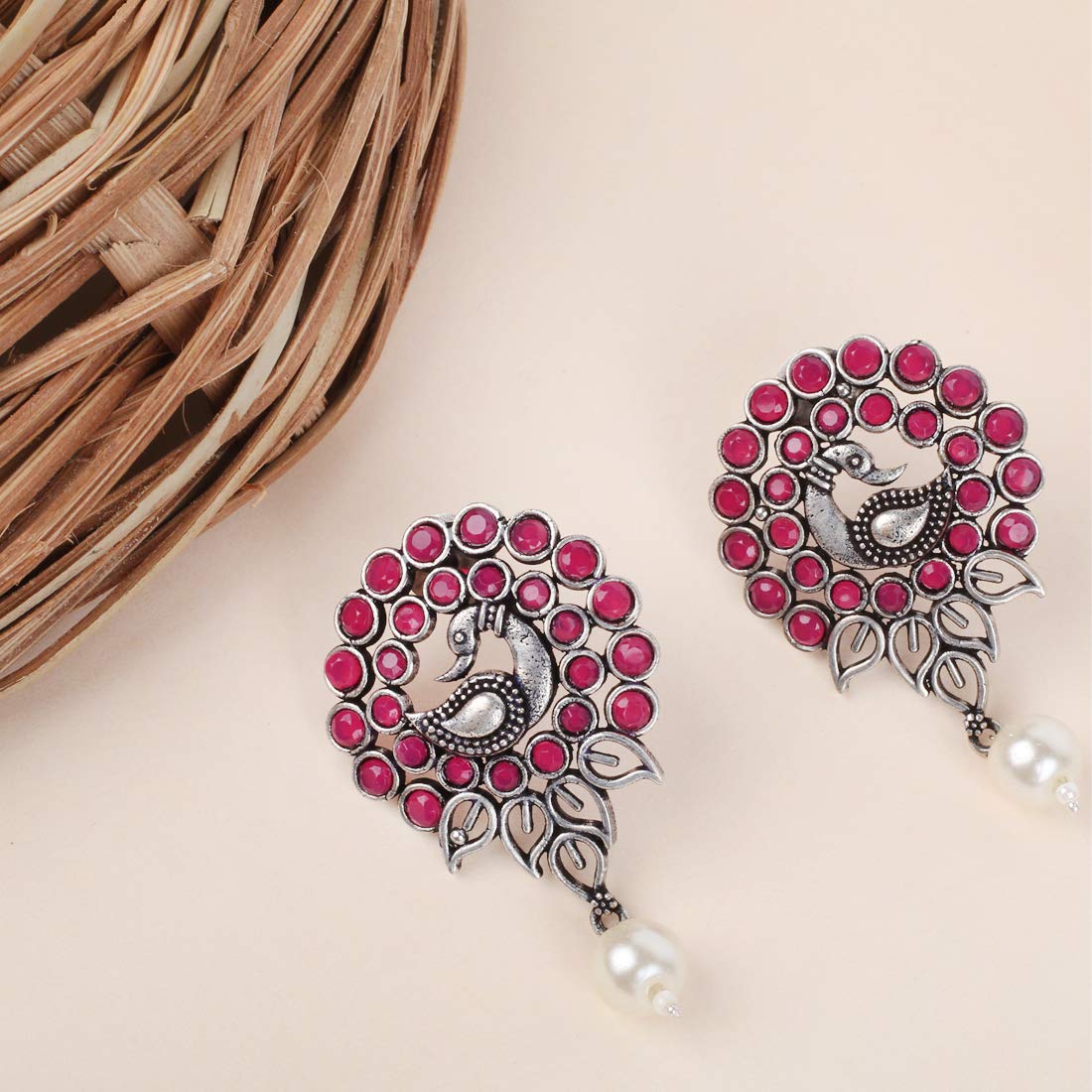 Yellow Chimes Beautiful Handmade Designer Peacock Carved With Studded Pink Stone Oxidized Silver Plated Drop Earrings for Women and Girls