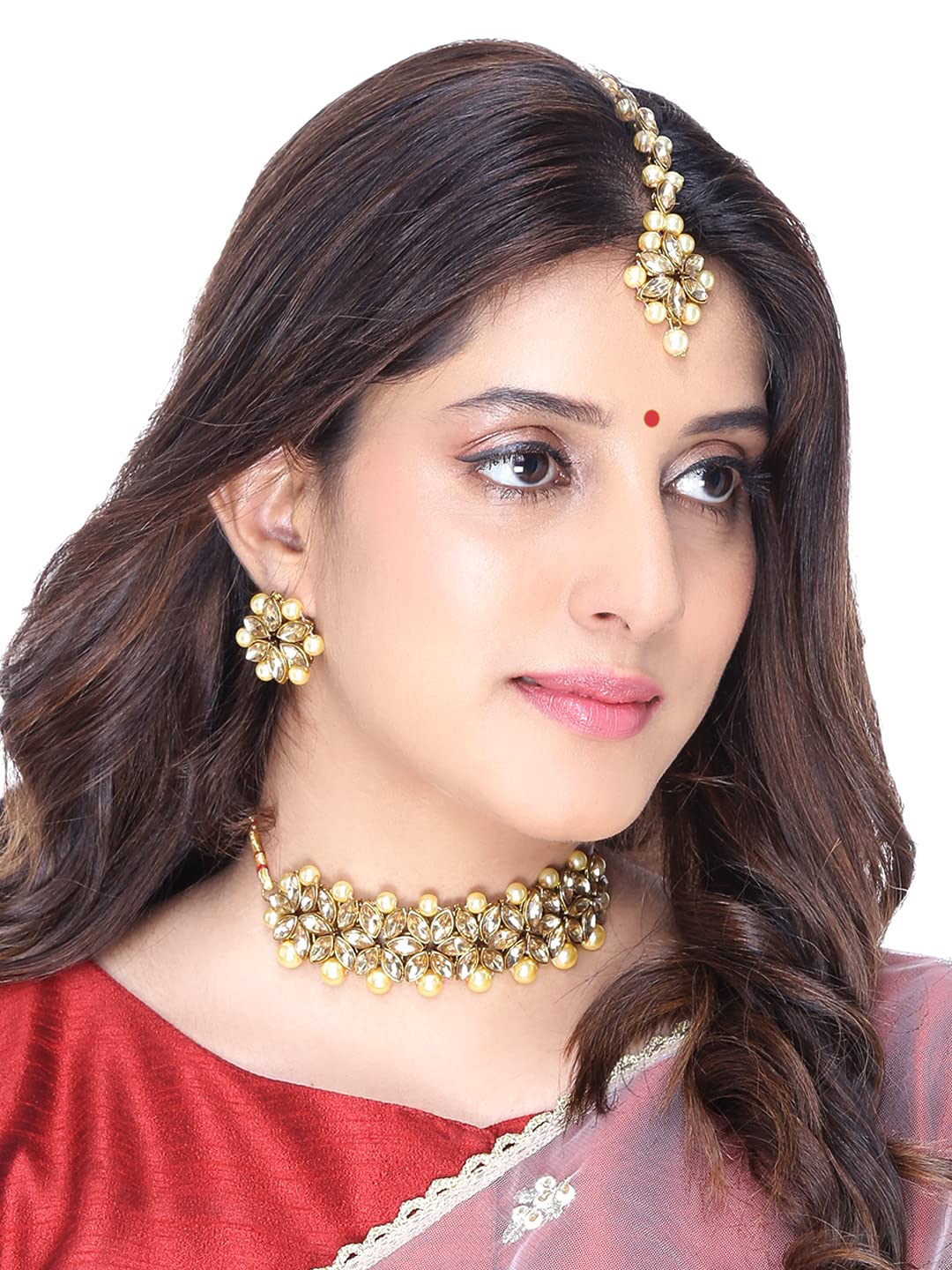 Yellow Chimes Kundan Jewellery Set Gold Plated Traditional Choker Necklace Set Gold Plated and Pearl Jewellery Set for Women (Golden) (YCTJNS-05FLWKUN-GL)