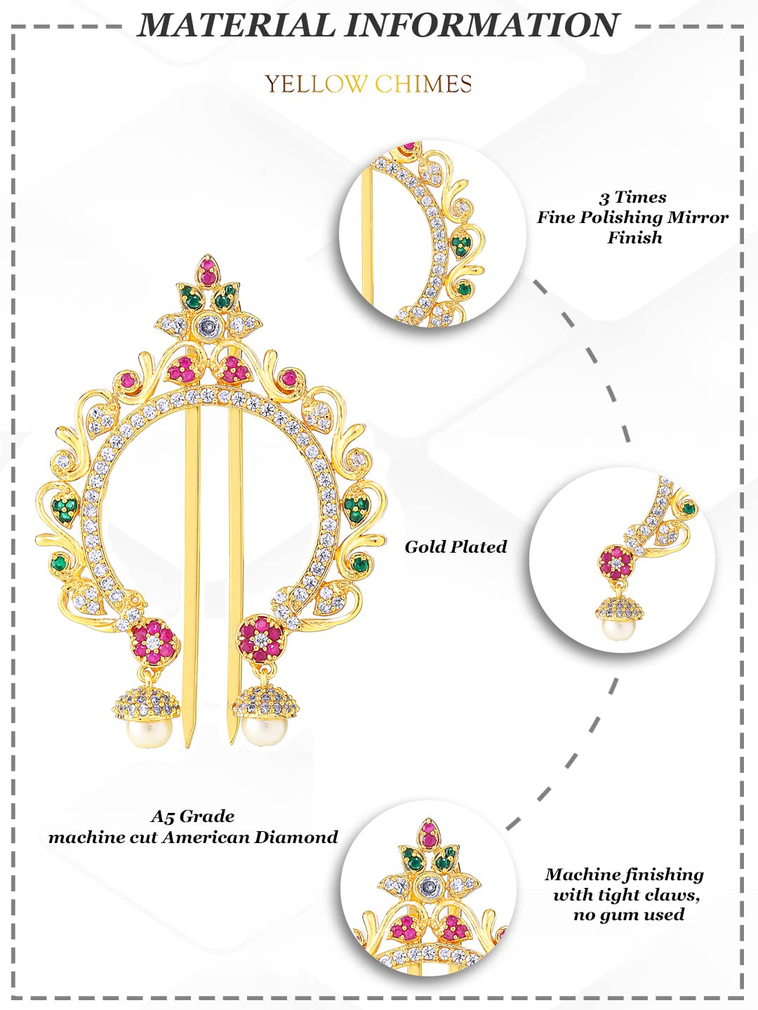 Yellow Chimes Juda Pin for Women AD/American Diamond Juda Pin Flower Hair Accessories Gold Plated Bridal Ambada Juda Pin for Women and Girls.