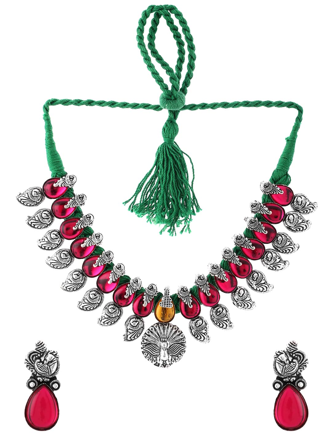 Yellow Chimes Oxidised Jewellery Set for Women Authentic Kolhapuri Work Handmade Silver Peacock Pink Kundan Choker Necklace Sets for Women and Girls.