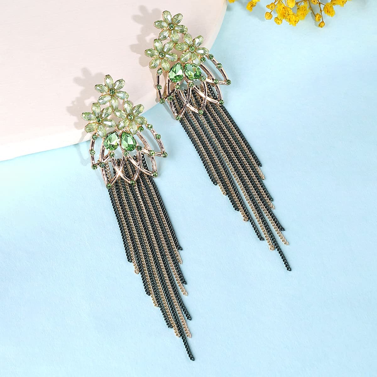 Yellow Chimes Crystal Danglers Earrings for Women Floral Shaped Crystal Green Long Chain Dangler Earrings for Women and Girls