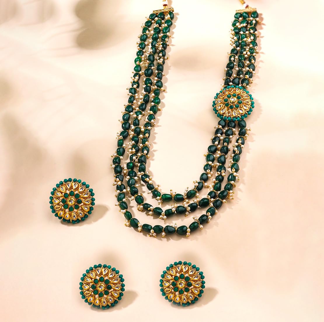 Yellow Chimes Jewellery Set For Women Multilayered Green Beads Necklace Set Traditional Gold Plated Long Necklace Set I Ethnic Kundan Beads Birthday Gift for Girls & Women Anniversary Gift for Wife