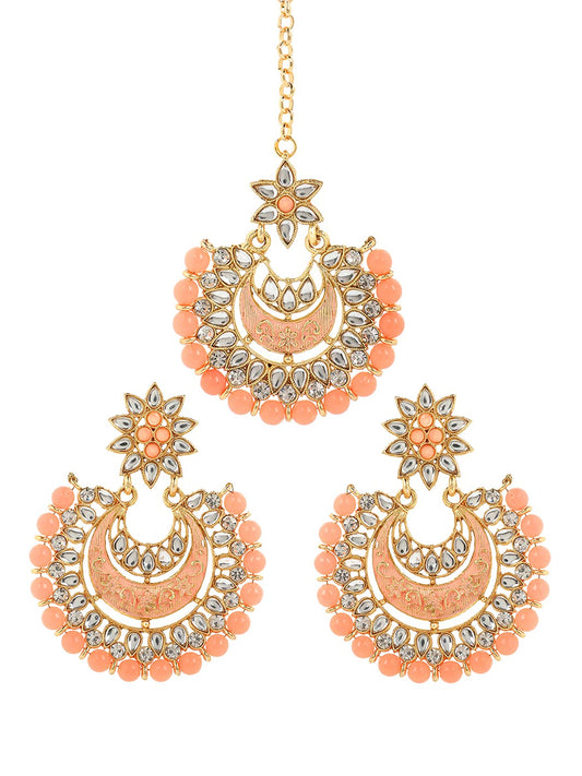 Yellow Chimes Ethnic Gold Plated Traditional Studded Kundan Peach Pearl Chandbali Earrings with Maangtikka for Women and Girls, Medium (YCTJER-07FLWBDS-PCH)