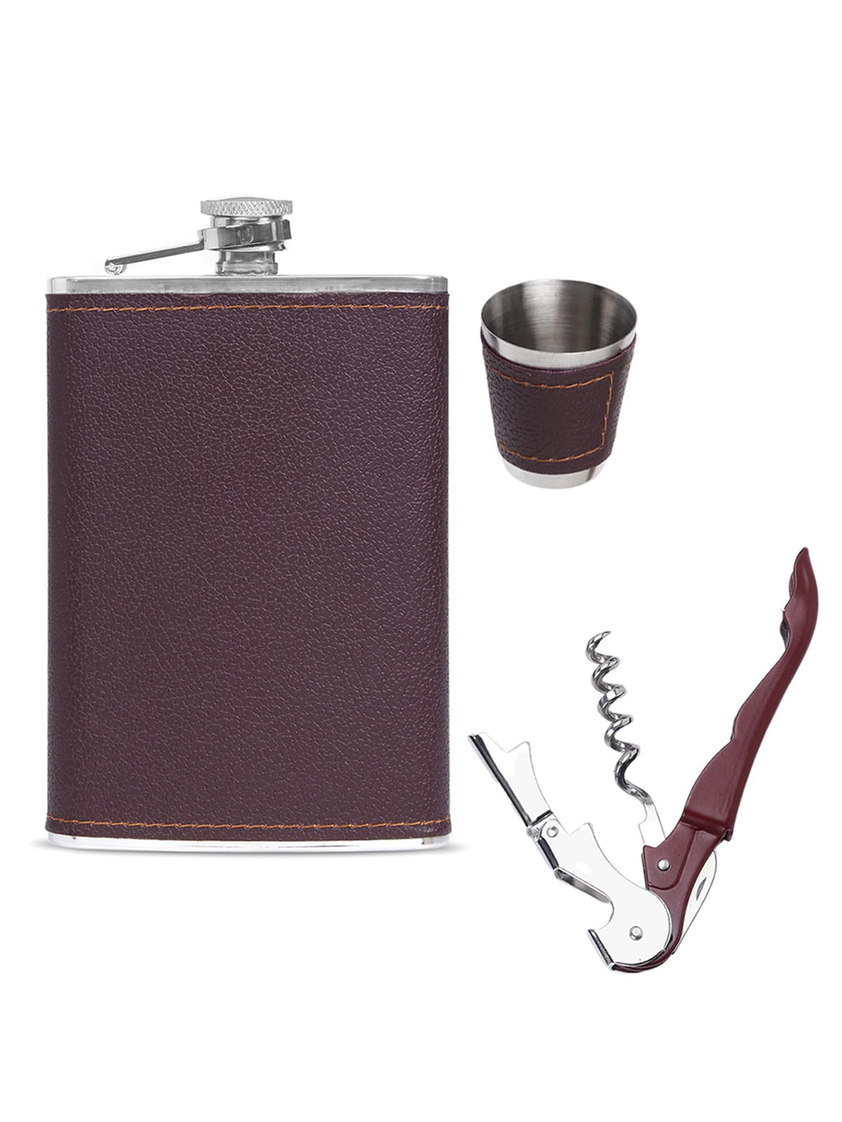 Yellow Chimes Exquisite Men Gifiting Set Hip Flask Gift Set Cork Opener with Brown Leather Cover,Hip Flask for Liquor for Men in a Gift Box