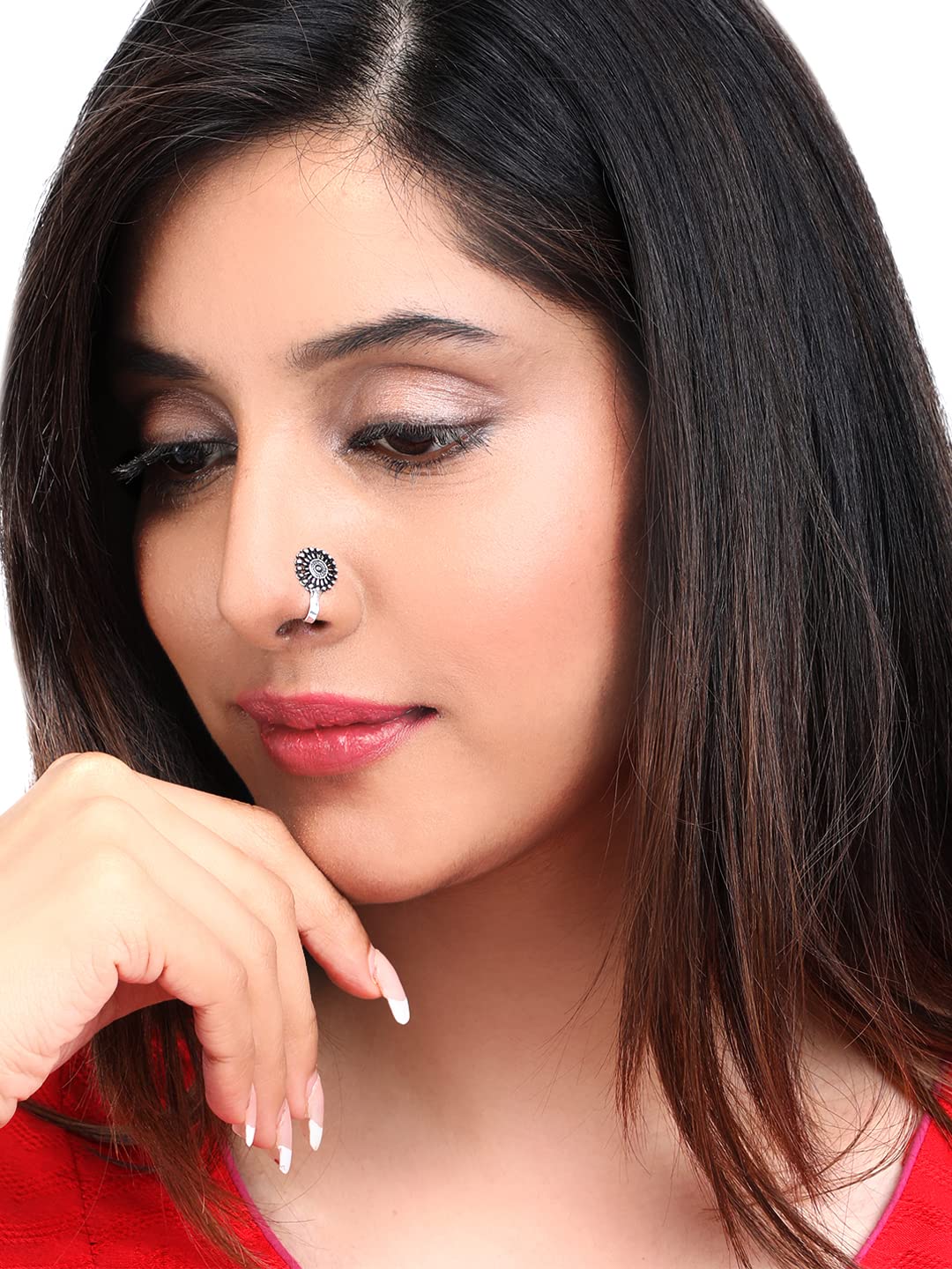 Yellow Chimes Traditional Silver Oxidised Nose Pin Without Piercing Floral Shaped