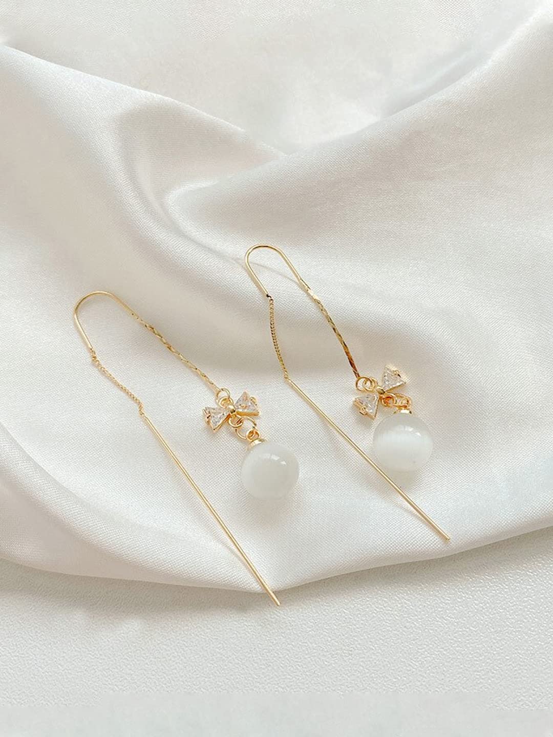 Yellow Chimes Earrings For Women Gold Tone Long Chain Tassel Bow Knot Shape Pearl Drop Earrings For Women and Girls