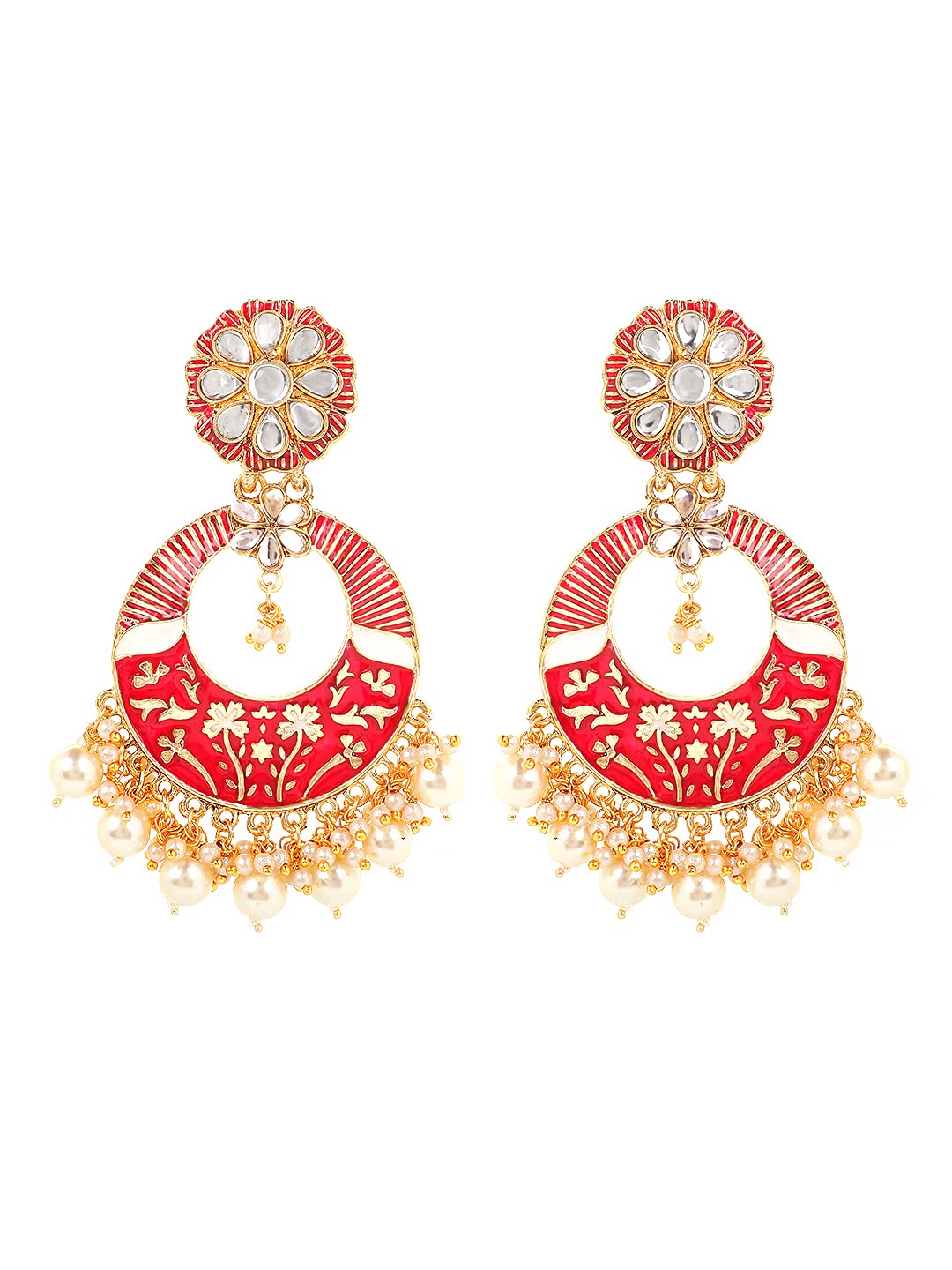 Yellow Chimes Ethnic Gold Plated Traditional Kundan Studded Moti Beads Pink Meenakari Design Chandbali Earrings for Women and Girls, Medium (YCTJER-94MNKCNH-PK)