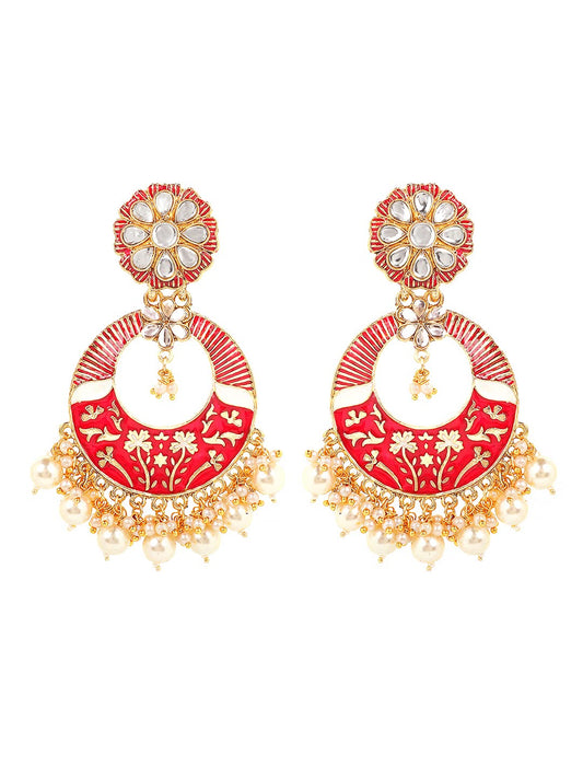 Yellow Chimes Ethnic Gold Plated Traditional Kundan Studded Moti Beads Pink Meenakari Design Chandbali Earrings for Women and Girls, Medium (YCTJER-94MNKCNH-PK)