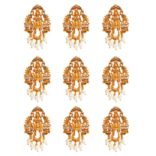 Yellow Chimes Jadai Billai for Women 9 Pcs Gold Plated Red Crystal Studded Beads Drop Choti Jadai Billai Hair Pin Bridal Hair Brooch Hair Jewellery for Women and Girls