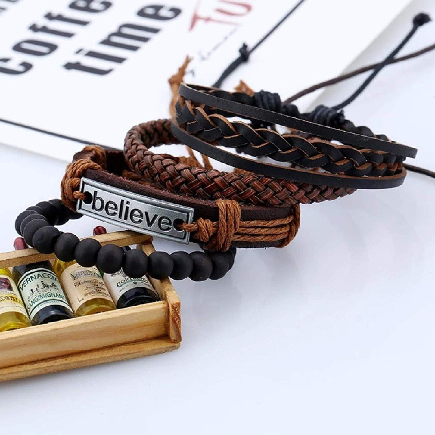 Yellow Chimes 4pcs Inspirational Message 'Believe' Unisex Multi Strand Bracelet for Men (Brown, Black) (YCFJBR-106BELIV-BR)