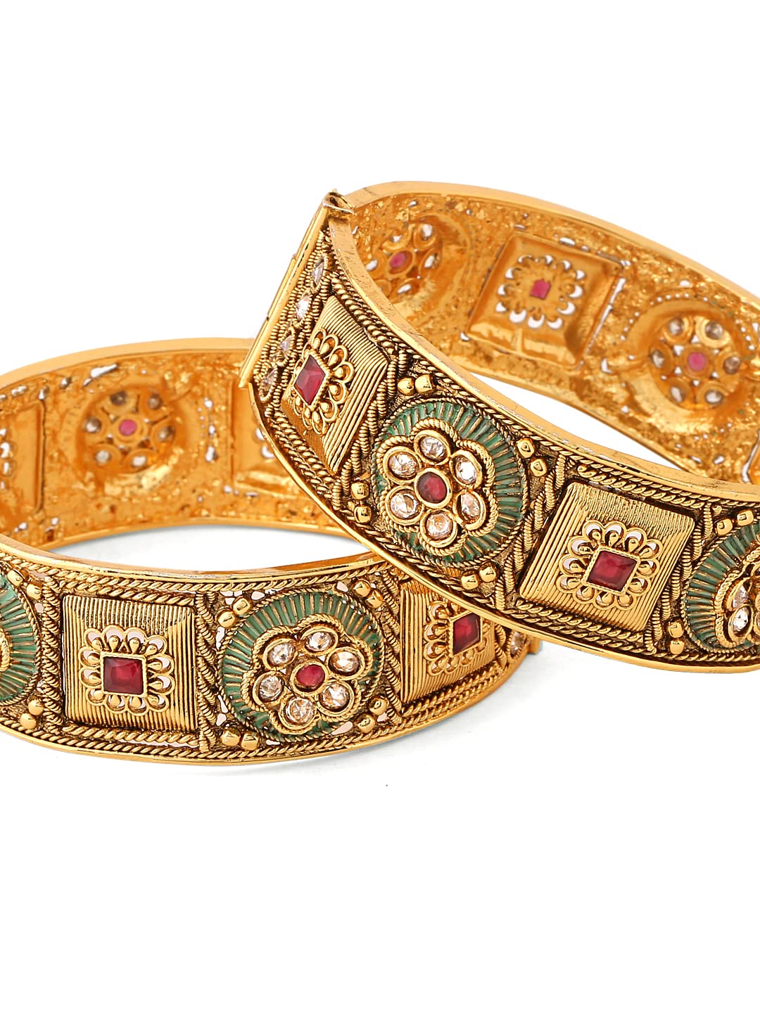 Yellow Chimes Bangles for Women Gold Toned Red Stone Studded Set of 2 Pcs Meenakari Touch Bangles for Women and Girls