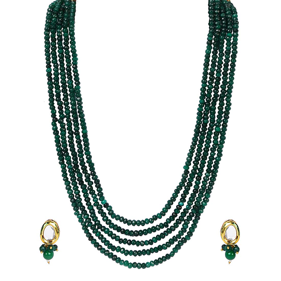 Yellow Chimes Classic Design Five Layers Emerald Green Onyx Stone Beads Semi Precious Gemstone Necklace Set with Earrings for Women & Girls