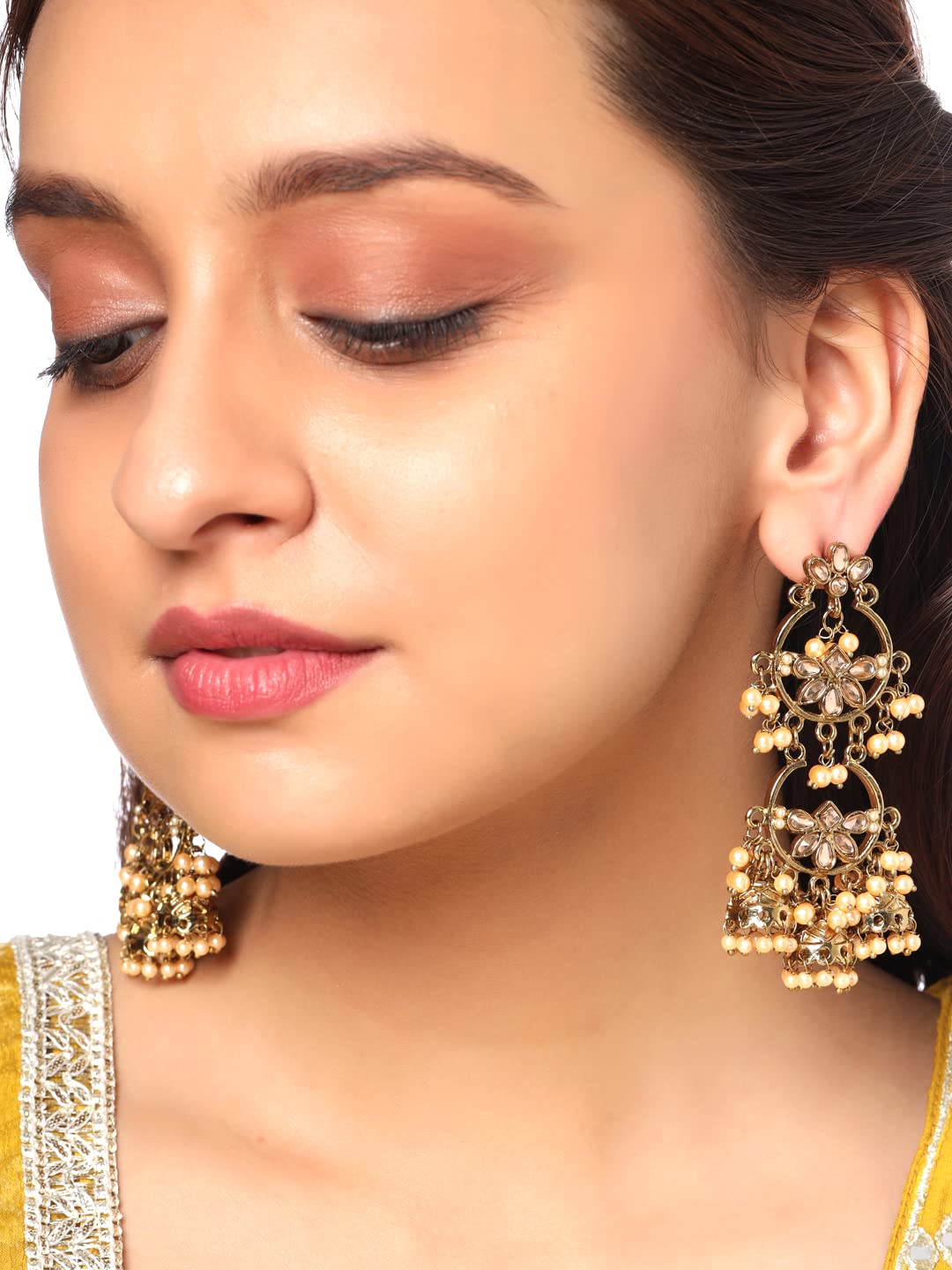 Yellow Chimes Chandbali Earrings for Women Gold Plated Traditional Earrings Kundan Studded Ethnic Long Chand bali Earrings for Women and Girls