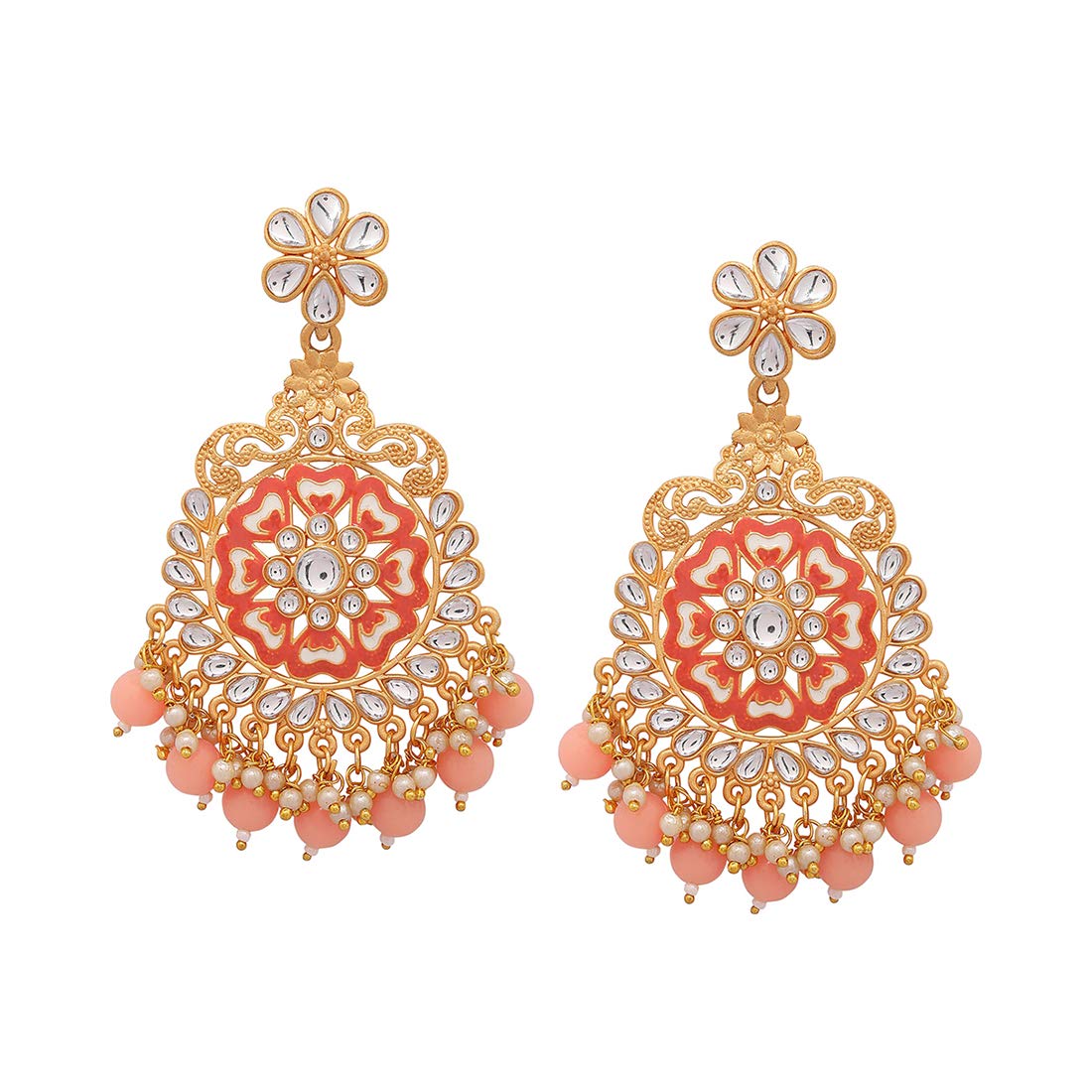 Yellow Chimes Ethnic Gold Plated Kundan Studded Pearl Dangler Earrings for Women and Girls, medium (YCTJER-626MFLW-PCH), gold, peach