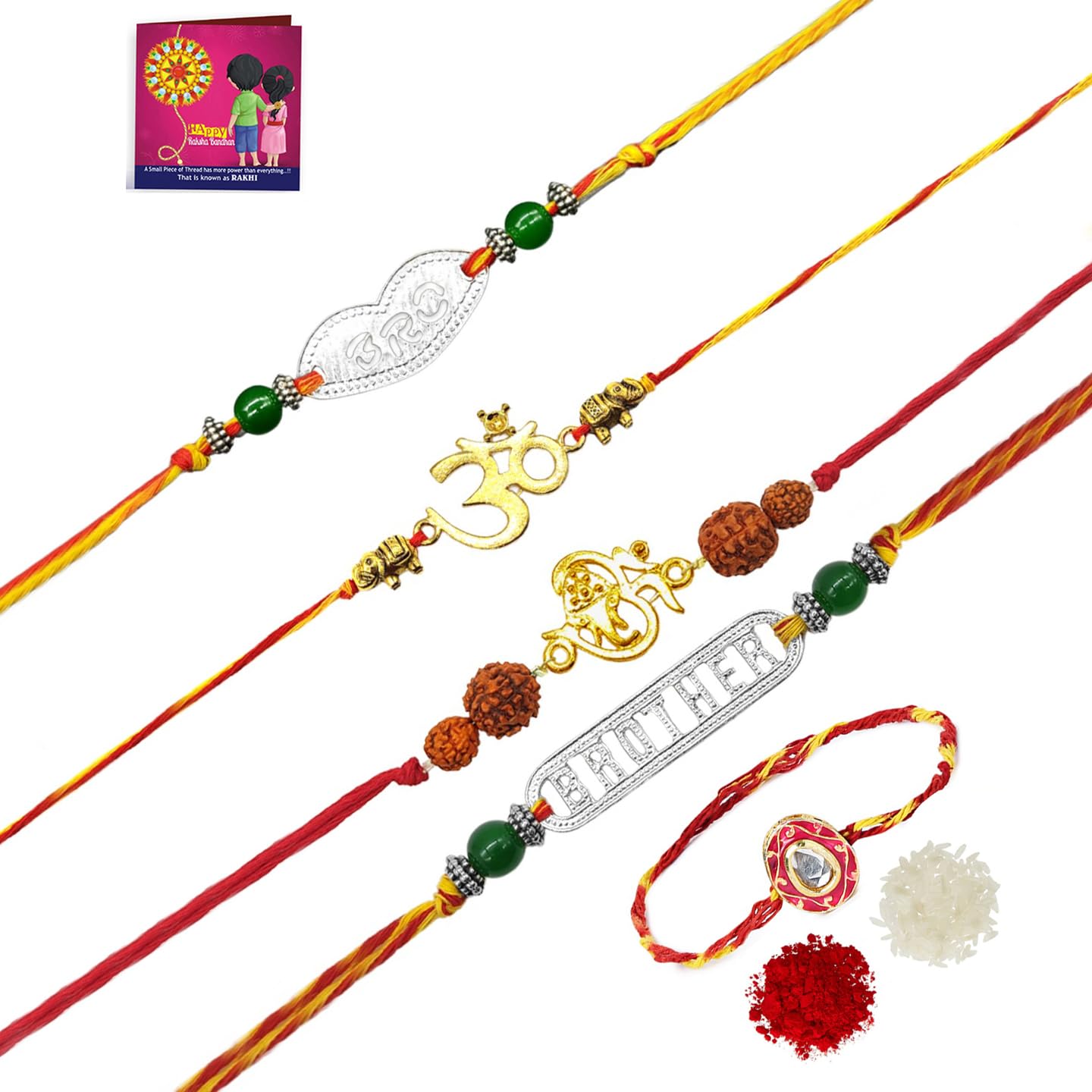 Yellow Chimes Rakhi for Brother | Combo of 5 Rakhi Set for Brother | Traditional Gold and Silver Plated Rakhi Set for Brother and Sister| Rakhi with Roli, Chawal and Greeting Card