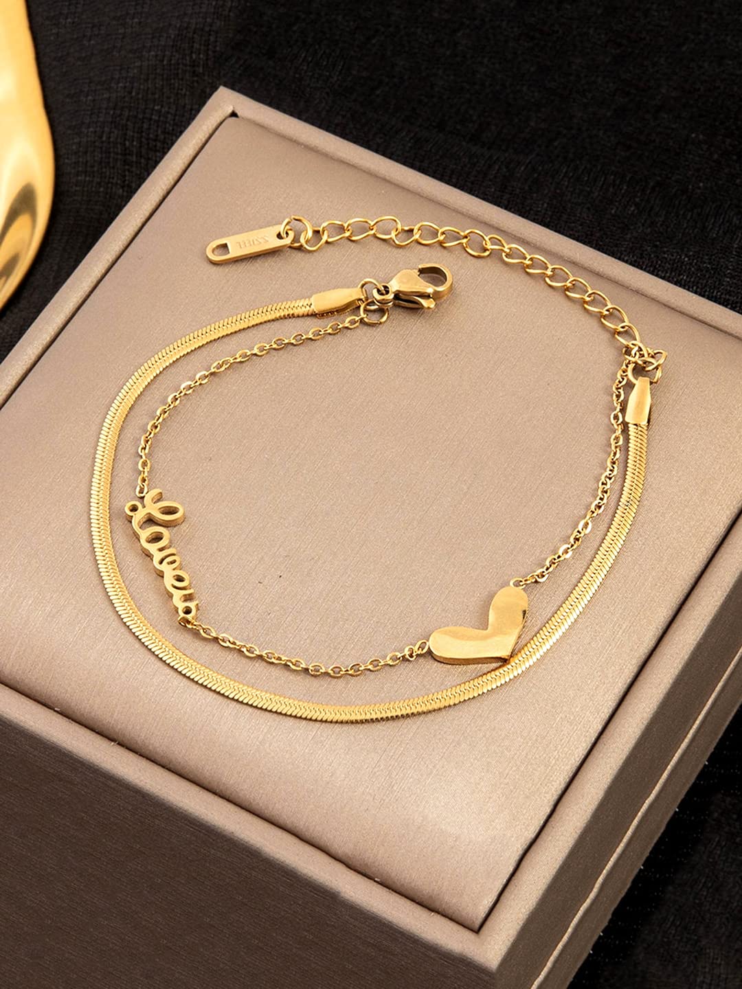 Yellow Chimes Chain Bracelet for Women Gold-Plated 2 Layered Stainless Steel Heart Charm Love Bracelet For Women and Girls