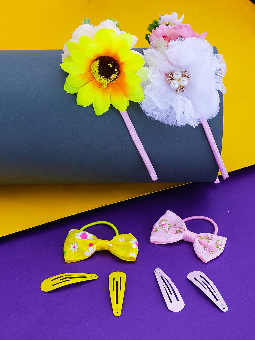 Melbees by Yellow Chimes Hair Bands for Girls Kids Hair Accessories Set for Girls Baby Floral Hair Band 2 Pcs Bow Rubber Bands 4 Pcs Hair Clips for Girls Kids Head Bands for Girls Kids & Toddlers