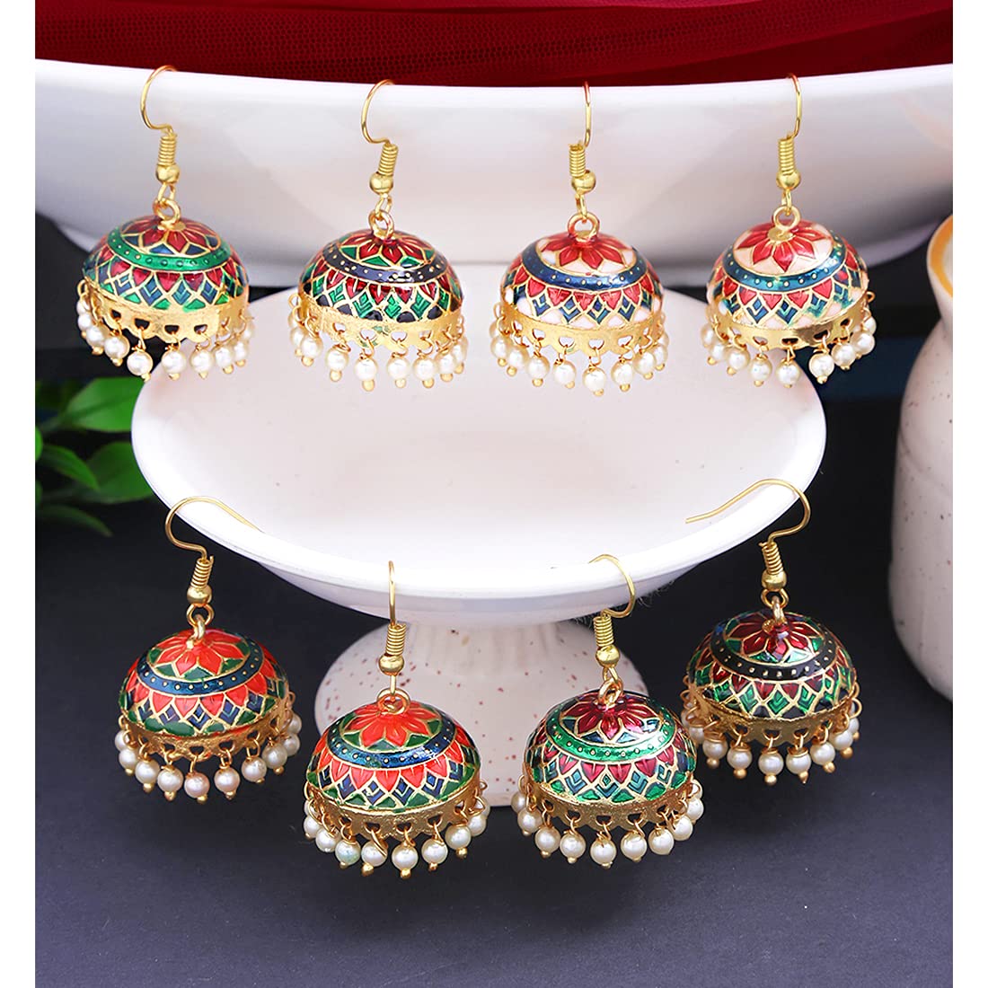 Yellow Chimes Meenakari Jhumka Earrings for Women Combo of 4 Pairs Handcrafted Jaipur Rajasthani Style Traditional Jhumka/Jhumki Earrings for Women and Girls