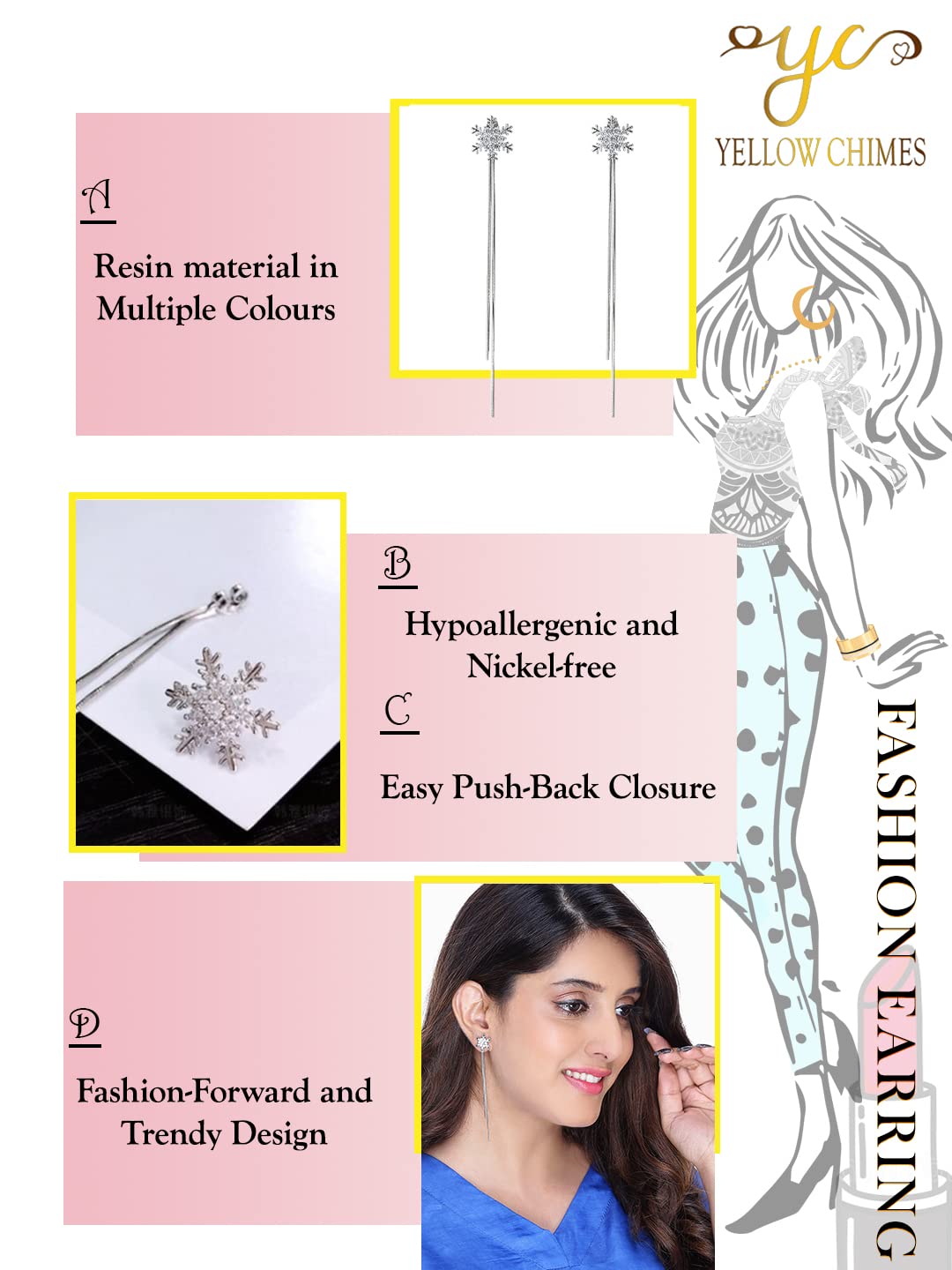 Yellow Chimes Earrings For Women & Girls | Fashion White Crystal Dangler | Silver Tone Earring | Snowflake Over Long Chain Danglers Earrings | Birthday & Anniversary Gift