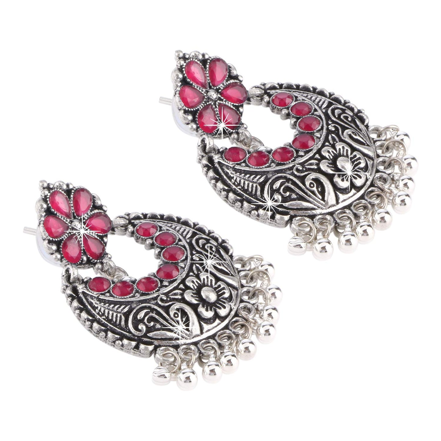 Yellow Chimes Brass Stylish Craftsmanship Oxidized German Silver Traditional Chand Bali Earrings for Women (Pink, silver)