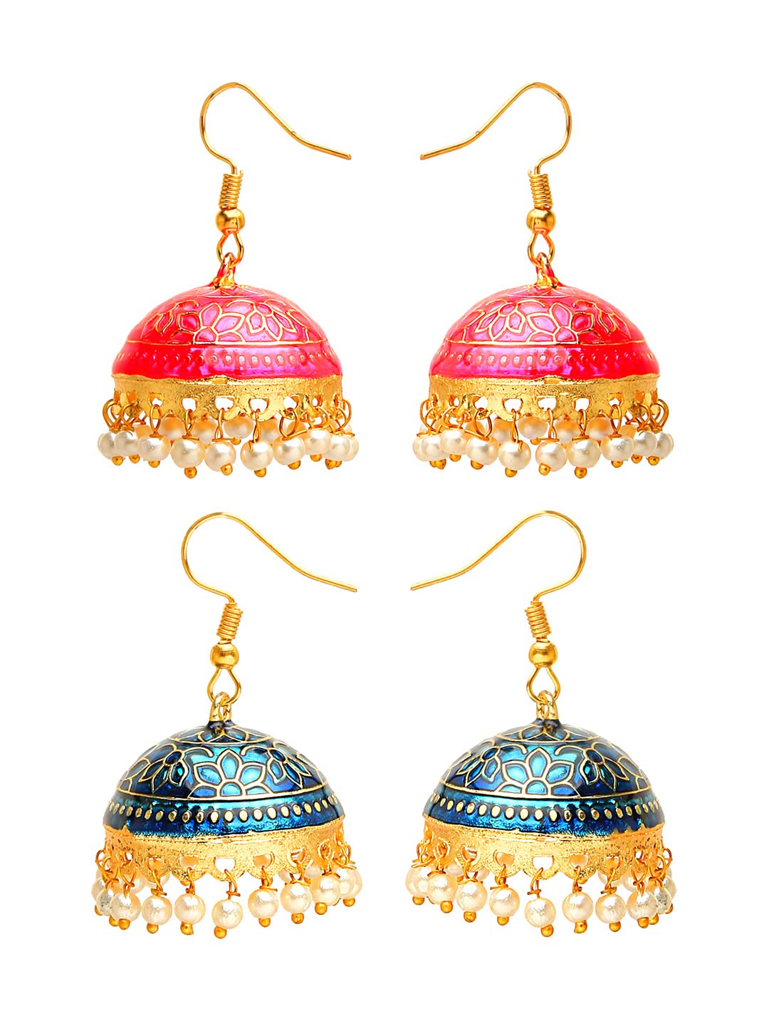 Yellow Chimes Meenakari Jumka Earrings with Ethnic Design Gold Plated Traditional Beads Combo of 2 pair for Women and Girls