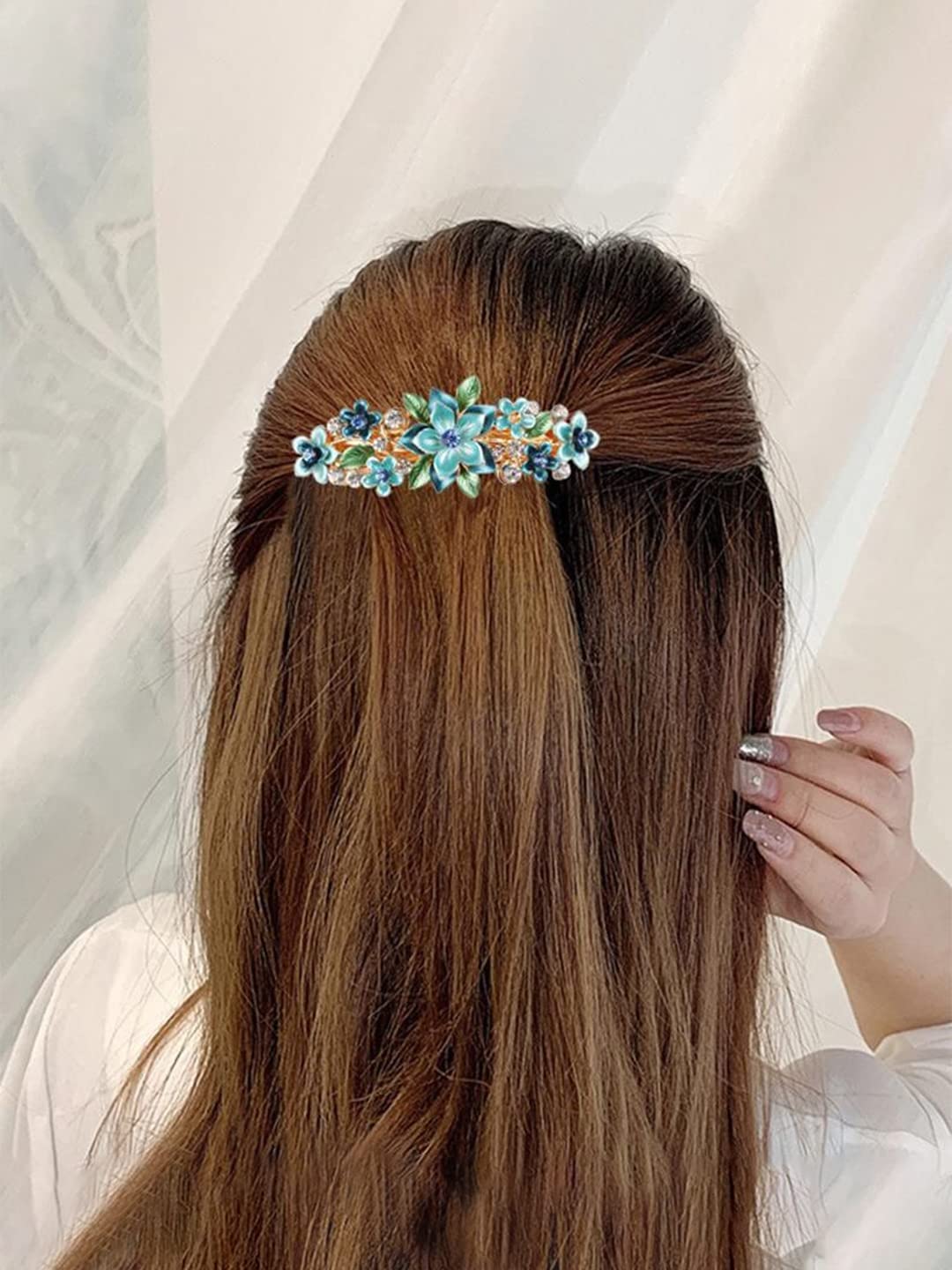 Yellow Chimes Hair Clips for Women Girls Barrette Hair Clips for Women Hair Accessories for Women Enameled Floral Clips for Women Blue French Barrette Hair Clips for Women and Girls Gift For Women & Girls