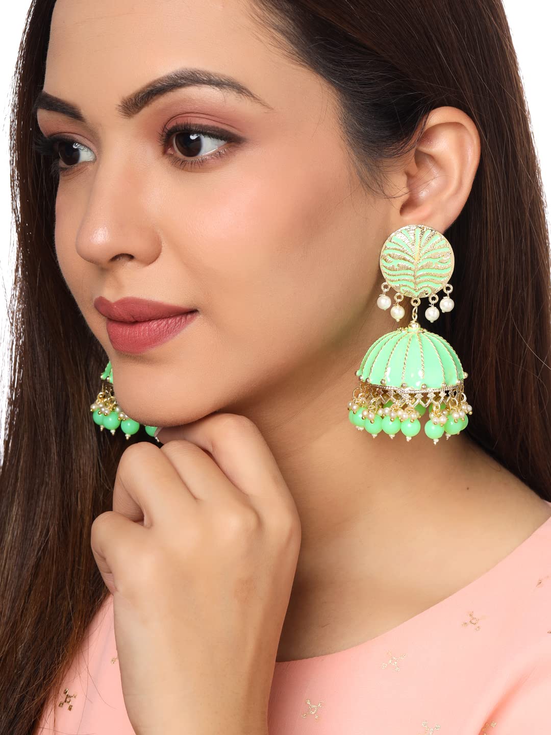 Yellow Chimes Earrings for Women Gold Toned Pearl Drop Green Meenakari Jhumka Earrings for Women and Girls